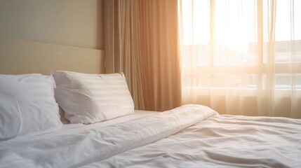 A serene hotel bedroom bathed in morning light, featuring a neatly made bed and minimalist decor.