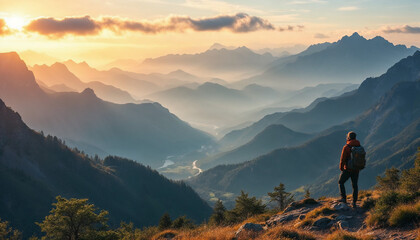 Fototapeta premium Lone hiker silhouetted on ridge with layered golden hour mountains
