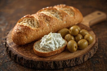 Fototapeta premium Fresh ricotta and green olives baguette served on wooden board for a nutritious morning meal or snack
