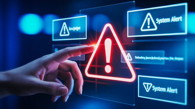 Finger touching glowing system alert icon, warning concept of cybersecurity threat and data breach