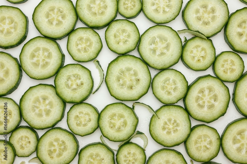 Aufkleber top view of a sliced cucumber on a white backdrop with full focus and clipping path, flat lay style