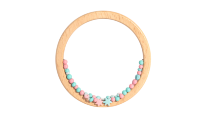 Wooden teething ring with pastel beads on transparent background
