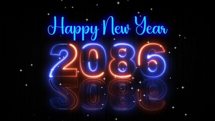 Futuristic Blue and Orange Glowing Neon Light Happy New Year 2086 Text Reveal With Floor Reflection Amid The Falling star Snow On Dark Background, Seamless Loop 4k videos 10 second