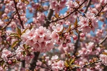 Obraz premium Springtime peach flowers blooming in the garden under warm sunlight