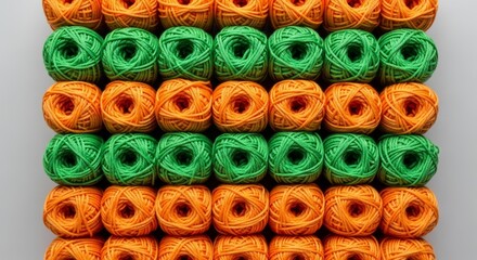 organized balls of orange and green yarn, background pattern, knitting and crafting graphic