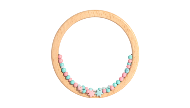 Wooden teething ring with pastel beads on transparent background