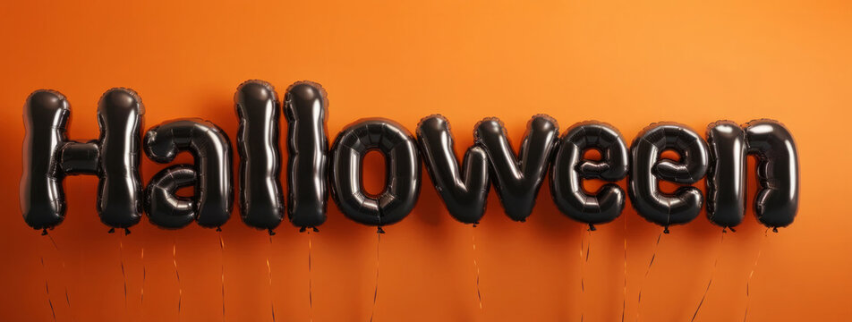 Black foil balloons shaped like letters spelling "Halloween", floating with strings against a vibrant orange background