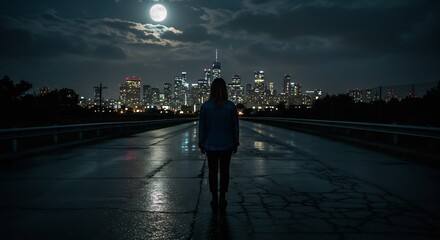 Silhouette of a Person Standing on a Wet Road Under a Full Moon, Looking Towards a Lit Up City Skyline at Night