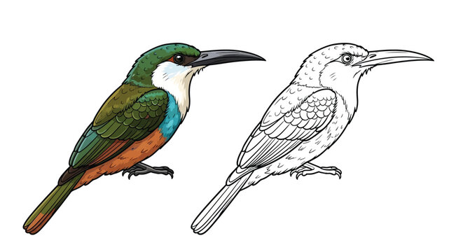 Detailed Paradise Jacamar Coloring Sheet with a Colored and an Outline Design Version
