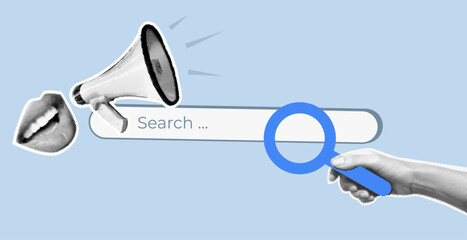 Pop art halftone collage of voice assistant and search bar interface with megaphone and human hand holding magnifying glass. Vector concept for mixed media design.