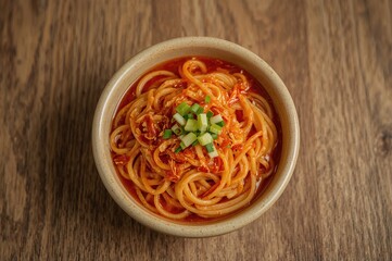 Noodles with Gochujang Butter Served in a Bowl on a Wooden Surface