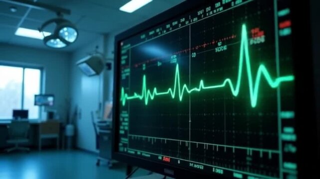 Real Time ECG Monitor Display Showing Heartbeat Waveform on Arrival. Medical EKG Screen Graphic.