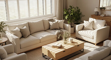 Beige sofa, armchair, and coffee table in a sunlit living room, showcasing a calm and relaxing interior design, ideal for home decor and lifestyle websites