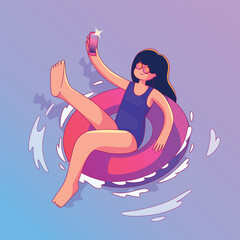 Woman takes a selfie and relaxes on an inflatable ring at sea