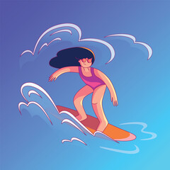 Woman surfing on blue waves, colorful cartoon-style illustration