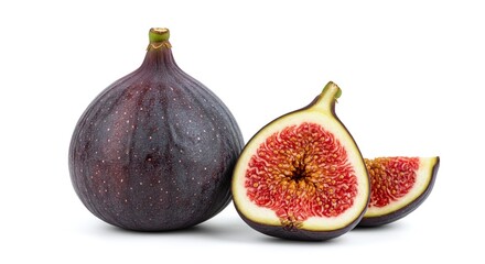 Fresh whole and half cut fig isolated on white background, high detail studio capture with natural texture, organic exotic fruit for healthy nutrition projects