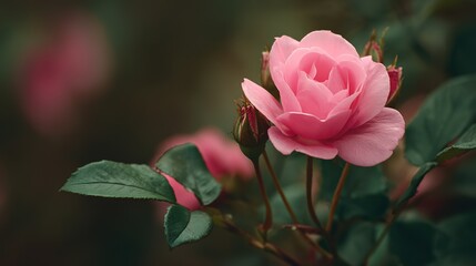 Fototapeta premium Pink Rose Blooming in Garden, Macro Dark Background Soft Light Romantic Scene 