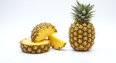 Fresh pineapple with high detail texture isolated on white background, tropical fruit studio photography for diet, juice, and organic food projects