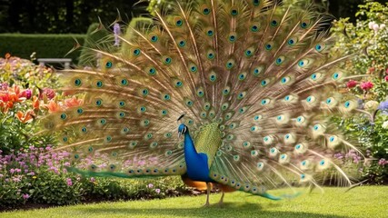 Peacock Displaying Feathers in Lush Garden Setting - Powered by Adobe