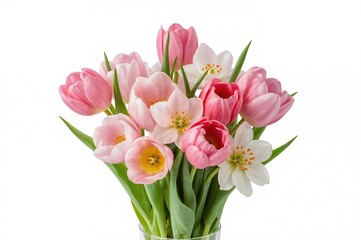Naklejka premium Vibrant spring tulips and daffodils arranged on a clean white backdrop