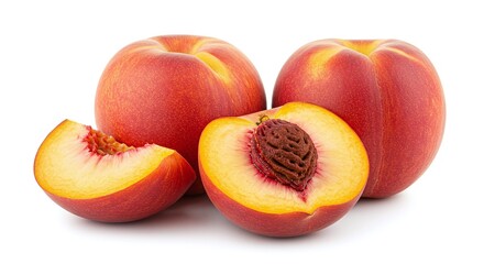 Fresh peach isolated on white background, high detail studio fruit texture for healthy diet, organic produce, and summer food projects