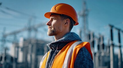 A construction worker gazes thoughtfully at the power plant, dressed in a hard hat and high-visibility vest. The scene conveys safety and precision in engineering.
