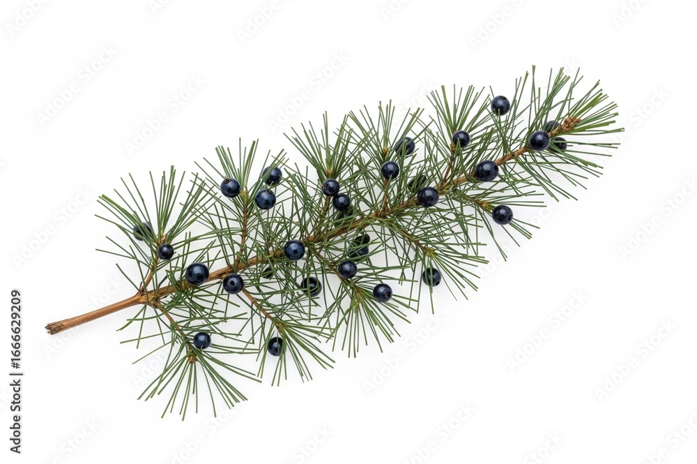 Poster close-up macro photograph of a juniper branch with berries against a white background