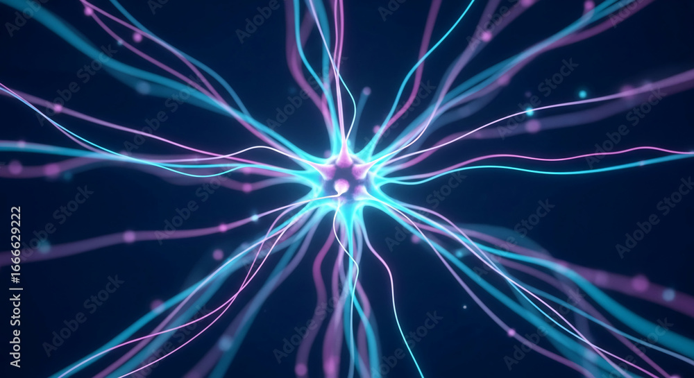 Poster abstract image of glowing neuron with cyan and pink lines, representing neural network, connection, 