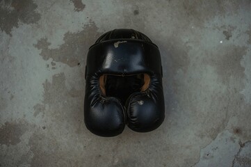 Top view of boxing gloves and headgear on a concrete surface