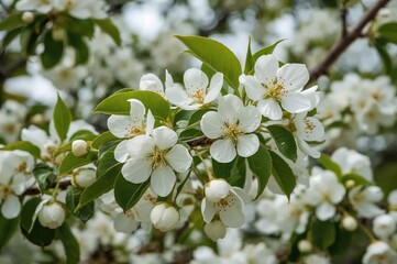 Blooming pear tree branch with white blossoms in springtime