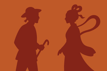 Chinese Valentine's Day Silhouette of Farmer and Woman Love Tradition