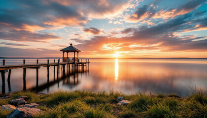 Obraz premium Wooden pier with gazebo extends into calm water at colorful sunset