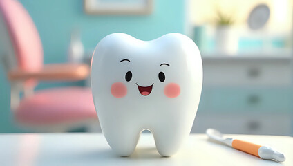 Closeup of 3d cute cartoon tooth character with toothbrush, colorful blurred pediatric dentist's office background - children's dental care and oral hygiene concept 
