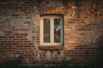 Sunlit window in a rustic brick facade, showcasing texture and natural light