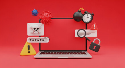 Laptop screen mockup with 3D virus, bomb, lock, warning symbols, showcasing online security risks and threats, ideal for cybersecurity awareness campaigns