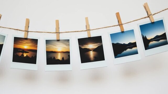 Photos of nature scenes hang on string with clothespins mountain landscape photography