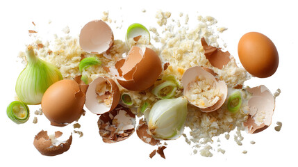 Food scraps from kitchen like eggshells, onion peels, and leftover rice background isolated on a Transparent background, PNG file.