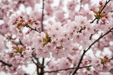Obraz premium Abundant pink cherry blossoms resembling fluffy cotton candy with a soft focus on delicate tree branches in springtime, creating a natural floral backdrop.