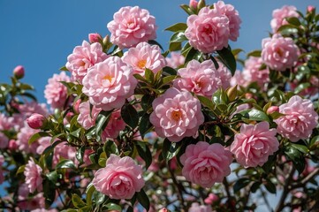 Blooming camellia blossoms on a tree under a clear blue sky