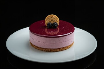 Blackberry mousse cake coated with mirror glaze and adorned with a molecular biscuit on a dark backdrop.