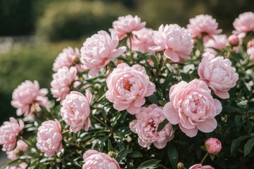 Fototapeta premium Cluster of pink peonies against a soft-focused natural backdrop
