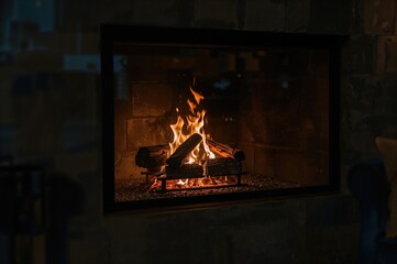 Kindling wood inside a fireplace unit.