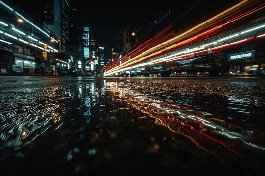 Fototapeta Long-exposure capture of vehicle light reflections on a water puddle