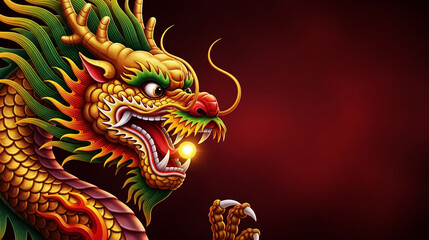 Fierce Chinese Dragon Sculpture, Golden Scales, Vibrant Colors, Dramatic Lighting