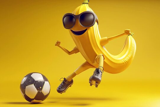 Banana soccer player dribbles and scores in a vibrant setting with clear motion and energy