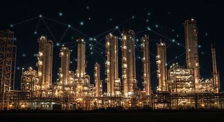 Industrial plant at night with digital network connections