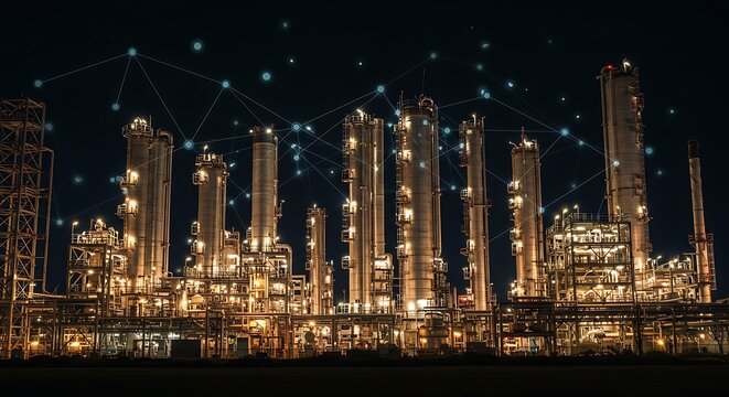 Industrial plant at night with digital network connections