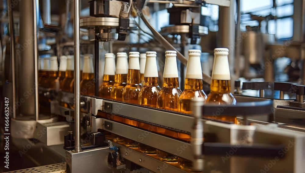 Poster close-up view of a bottling machine in a brewery, showcasing the precision of automated equipment in