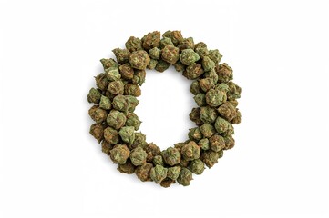 Font design inspired by cannabis with a standalone letter O formed from marijuana flowers.