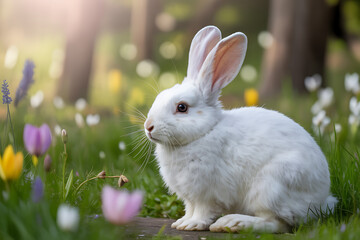 Fototapeta premium Adorable white rabbit sitting serenely in a vibrant flower-filled meadow, bringing springtime joy and a touch of whimsical charm to any project or design